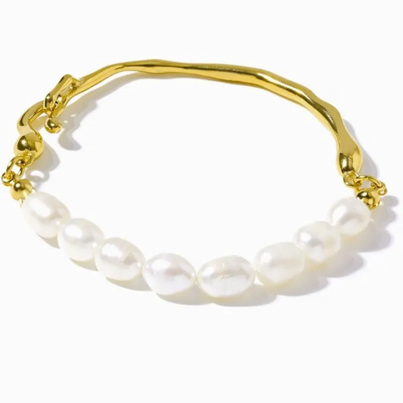 18K Gold Plated Organic Gold Bangle with Freshwater Pearl Accents made by Ruumur