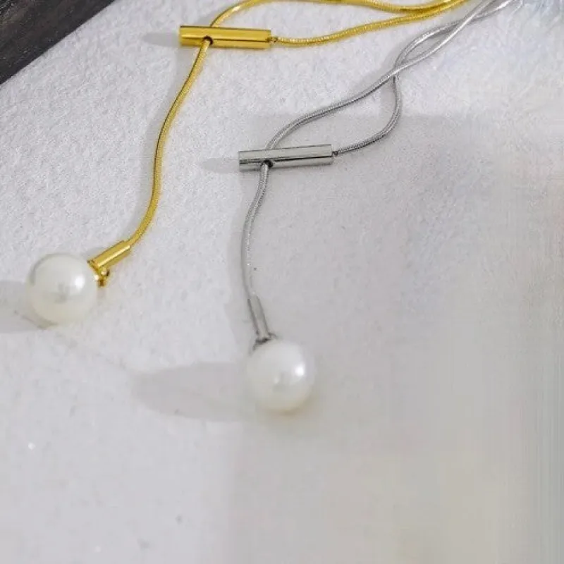 Snake Chain Lariat Necklace with Adjustable Pearl Drop sold by Ruumur
