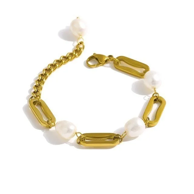 18K Gold Plated Paperclip Chain Link Bracelet with Freshwater Pearls sold by Ruumur