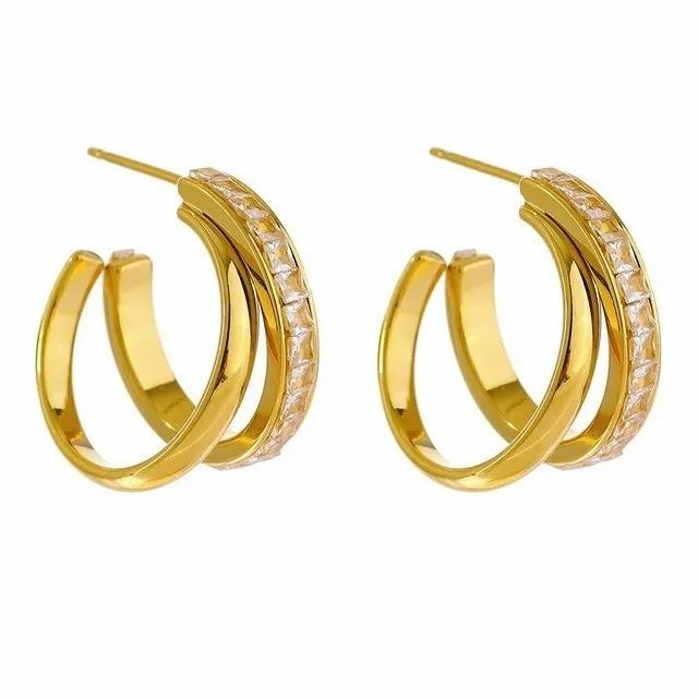18K Gold Plated Double Hoop Earrings with Square Stone sold by Ruumur
