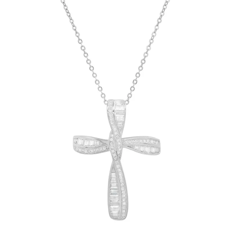 Sterling Silver Baguette CZ Cross Pendant sold by Ruumur