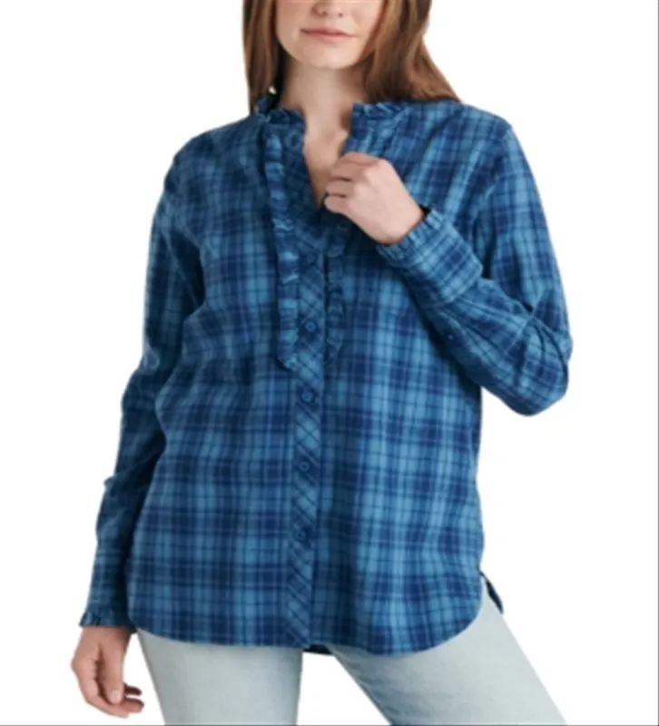Lucky Brand Women's Audrey Ruffle Plaid Tunic Shirt Blue Size XS sold by Ruumur