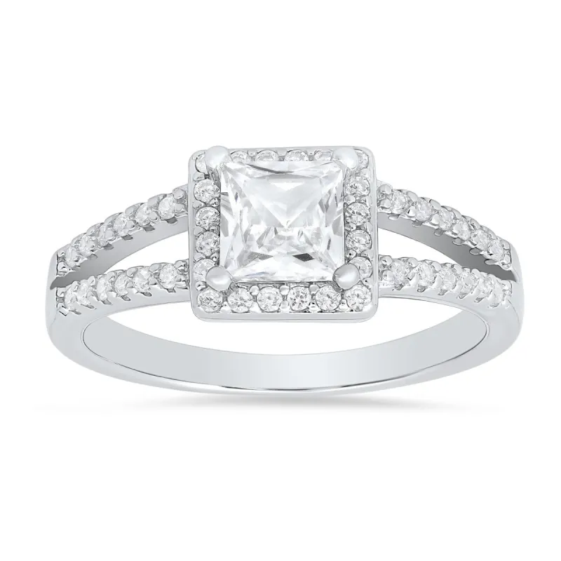 Sterling Silver Princess-cut CZ Halo Ring sold by Ruumur