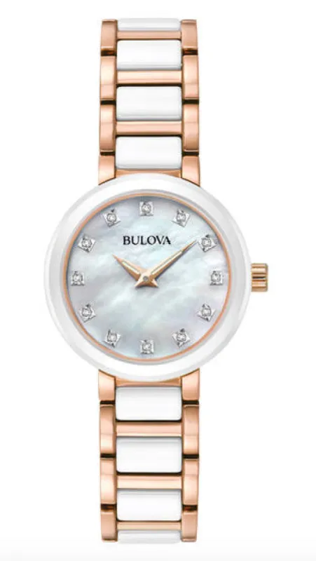 Bulova Diamonds Steel Ceramic 28mm White MOP Dial Quartz Ladies Watch sold by Ruumur