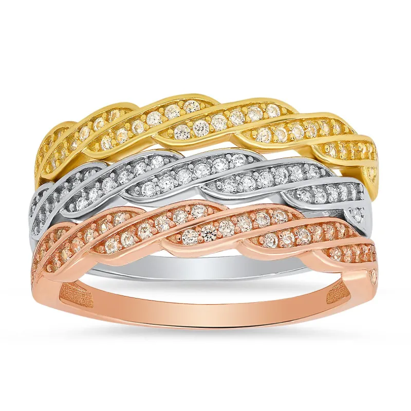 Sterling Silver Tri-Color Swirl CZ Stackable Ring Set sold by Ruumur