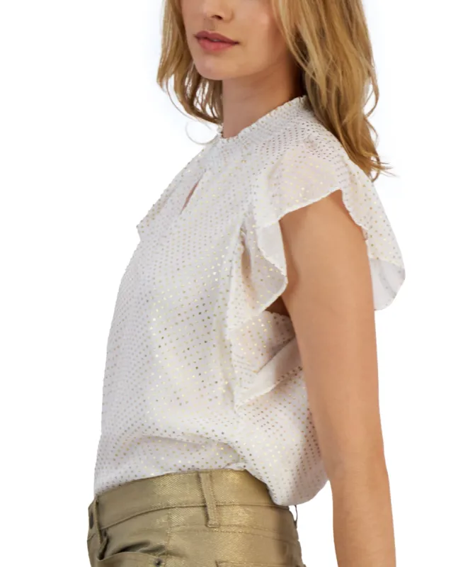 Tommy Hilfiger Women's Ruffle Sleeve Metallic Dot Top Yellow Size Small sold by Ruumur