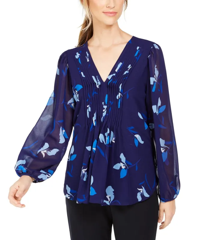 Calvin Klein Women's Floral Printed Pintuck-Pleated Blouse Blue Size Small sold by Ruumur