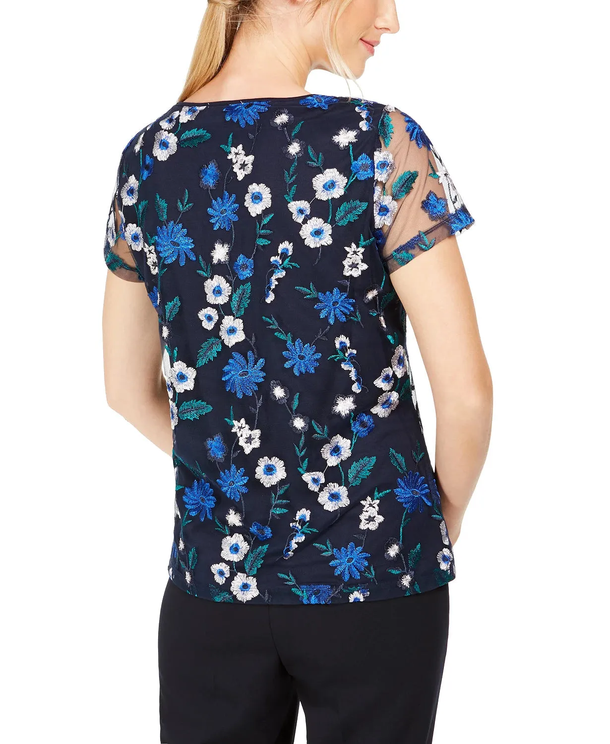 Calvin Klein Women's Floral Embroidered Mesh Top Blue Size X-Small sold by Ruumur product image thumbnail 2