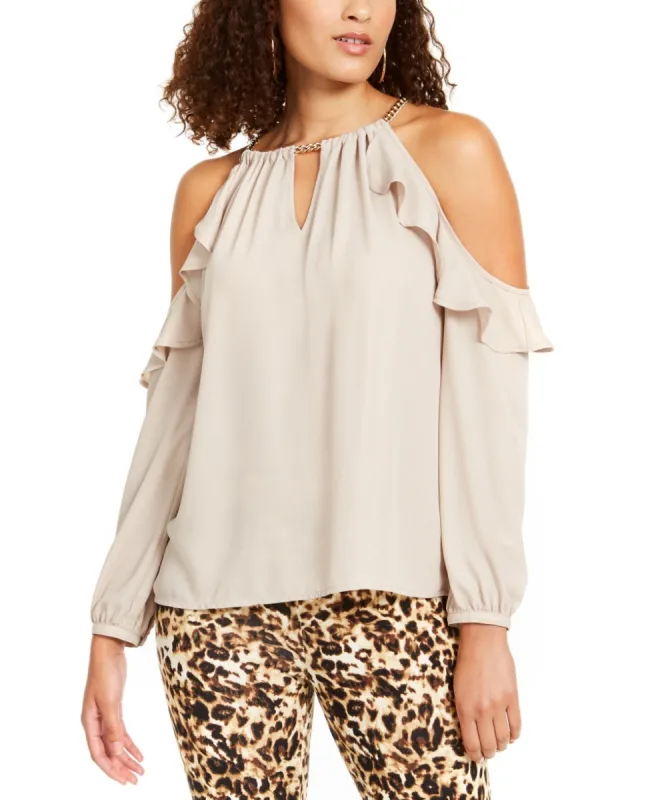 Thalia Sodi Women's Ruffled Cold-Shoulder Top Beige Size Small sold by Ruumur
