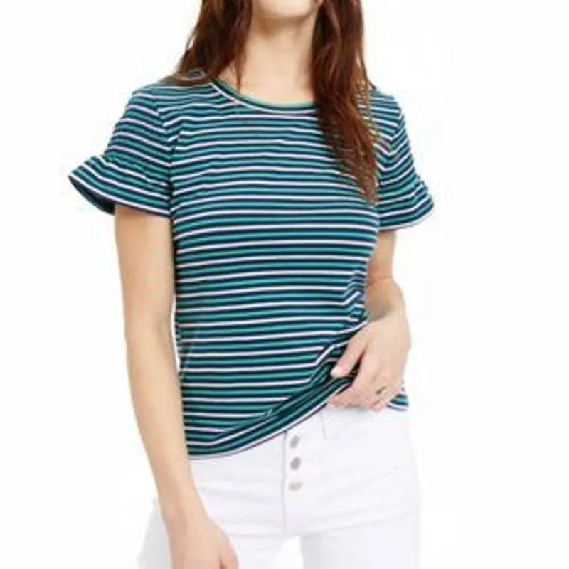 Maison Jules Women's Striped Smocked-Sleeve Knit Top Dark Green Size Small sold by Ruumur