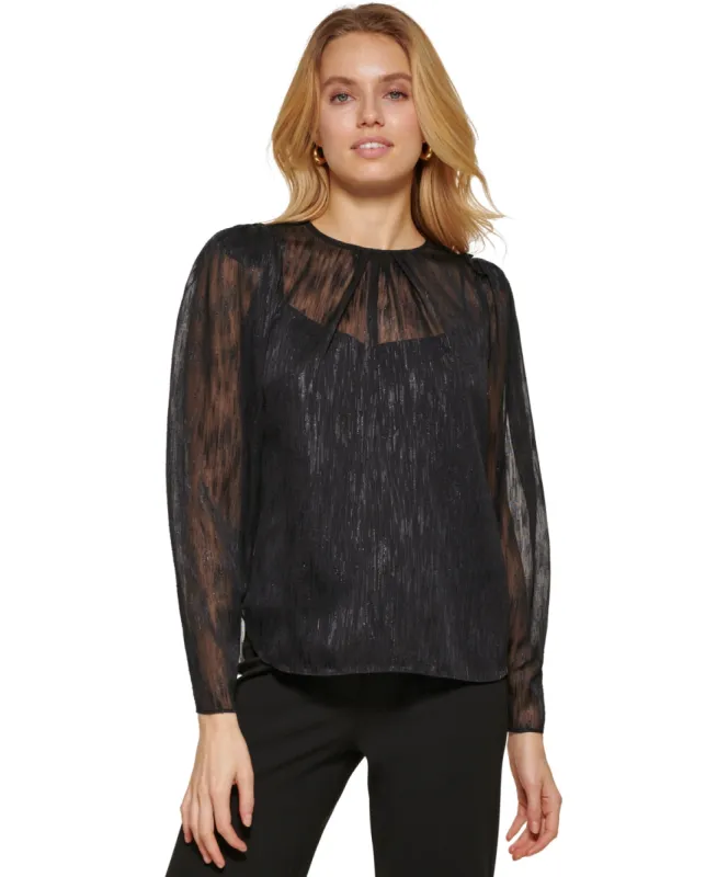 DKNY Women's Metallic Long Sleeve Blouse Black Size X-Large sold by Ruumur