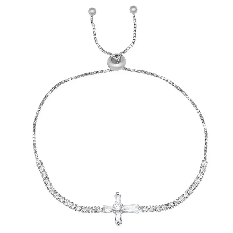 Sterling Silver Baguette CZ Cross Adjustable Bracelet sold by Ruumur