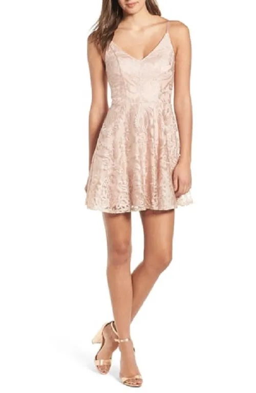 Speechless Women's Short Length Low Back Floral Spaghetti Strap V Neck Micro Mini Trapeze Evening Beige Size 13 sold by Ruumur