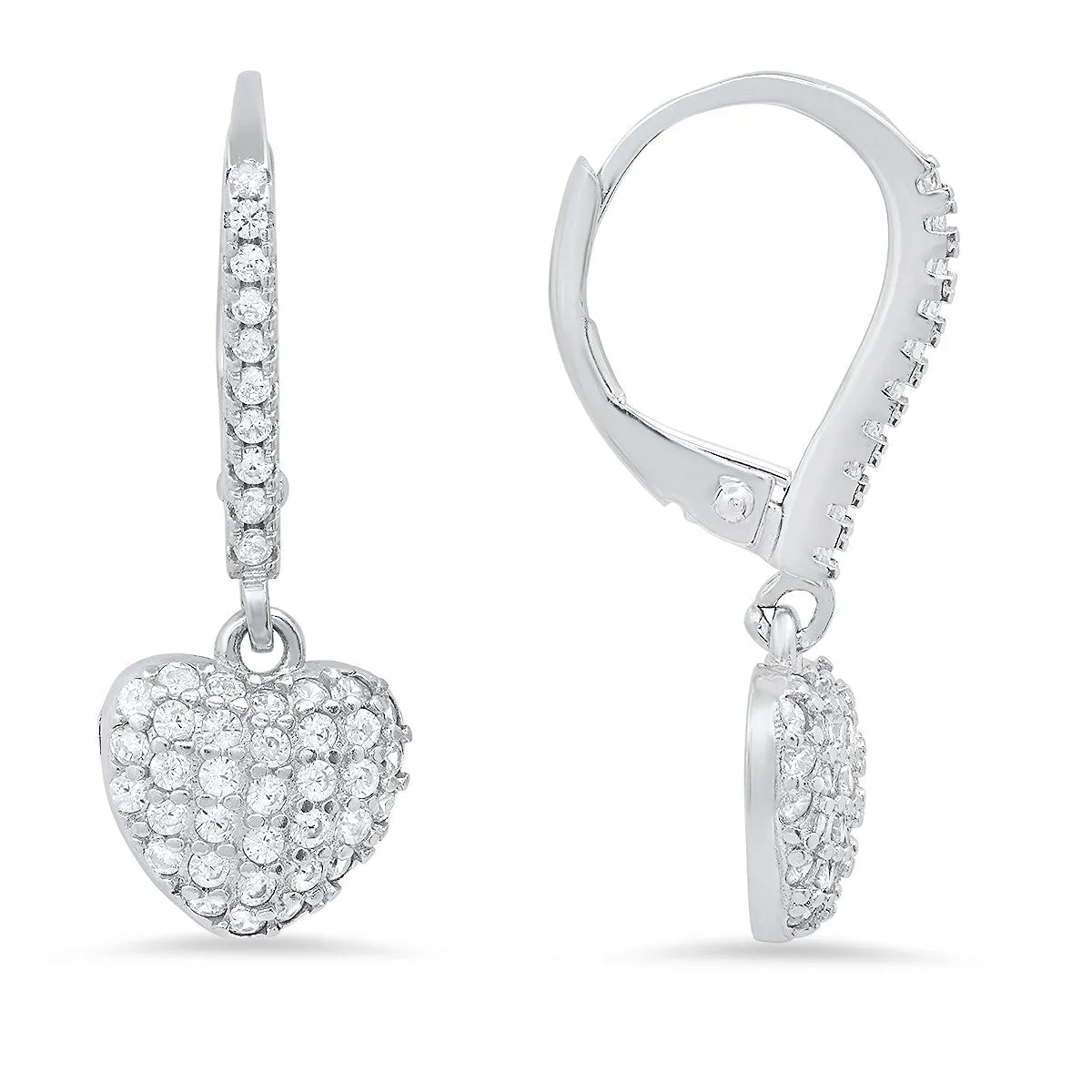 Sterling Silver Pave Heart CZ Dangle Leverback Earrings sold by Ruumur