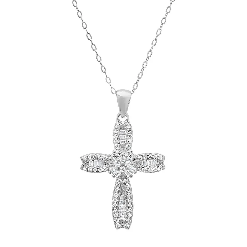 Sterling Silver Petite Luxurious Baguette-cut CZ Cross Pendant sold by Ruumur