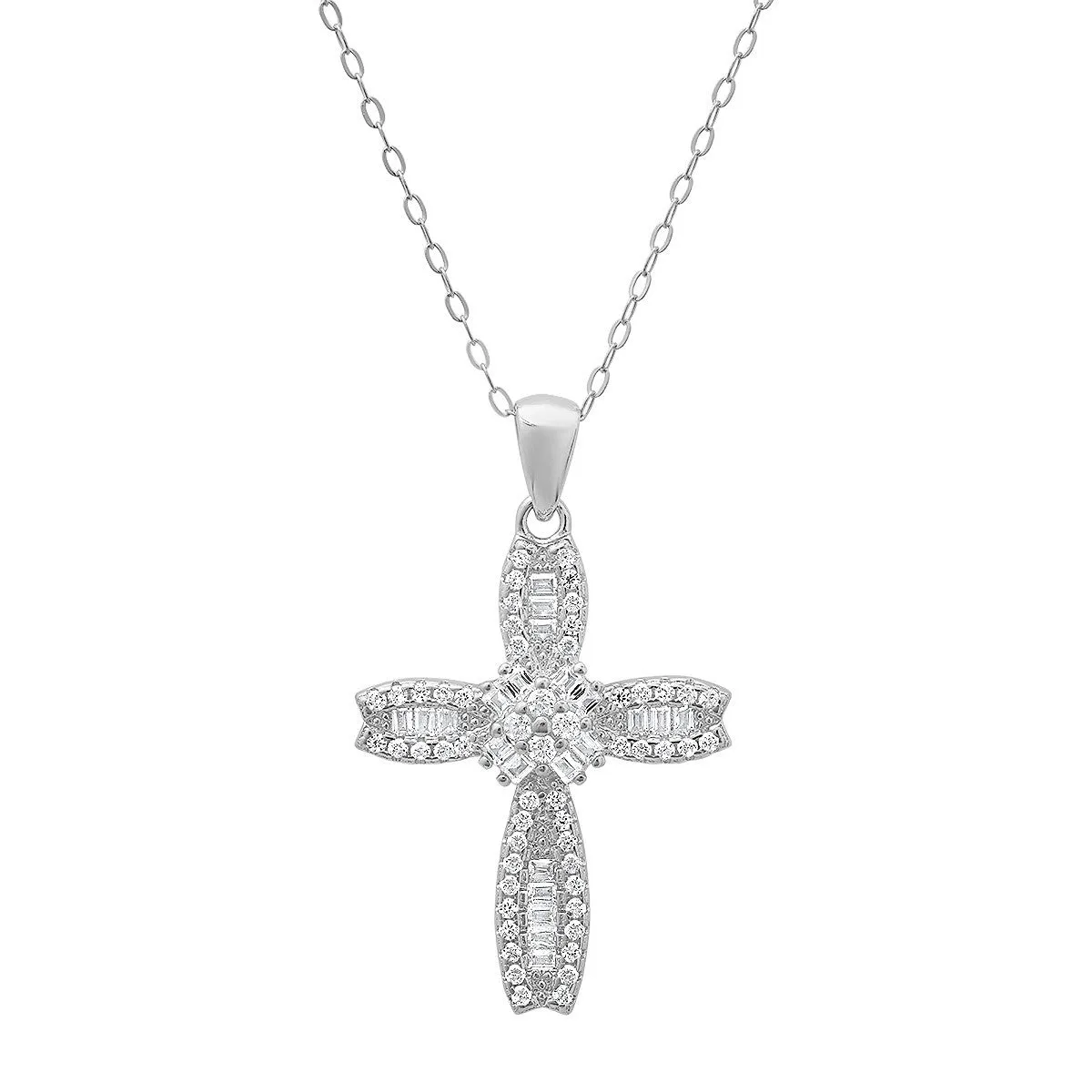 Sterling Silver Petite Luxurious Baguette-cut CZ Cross Pendant sold by Ruumur
