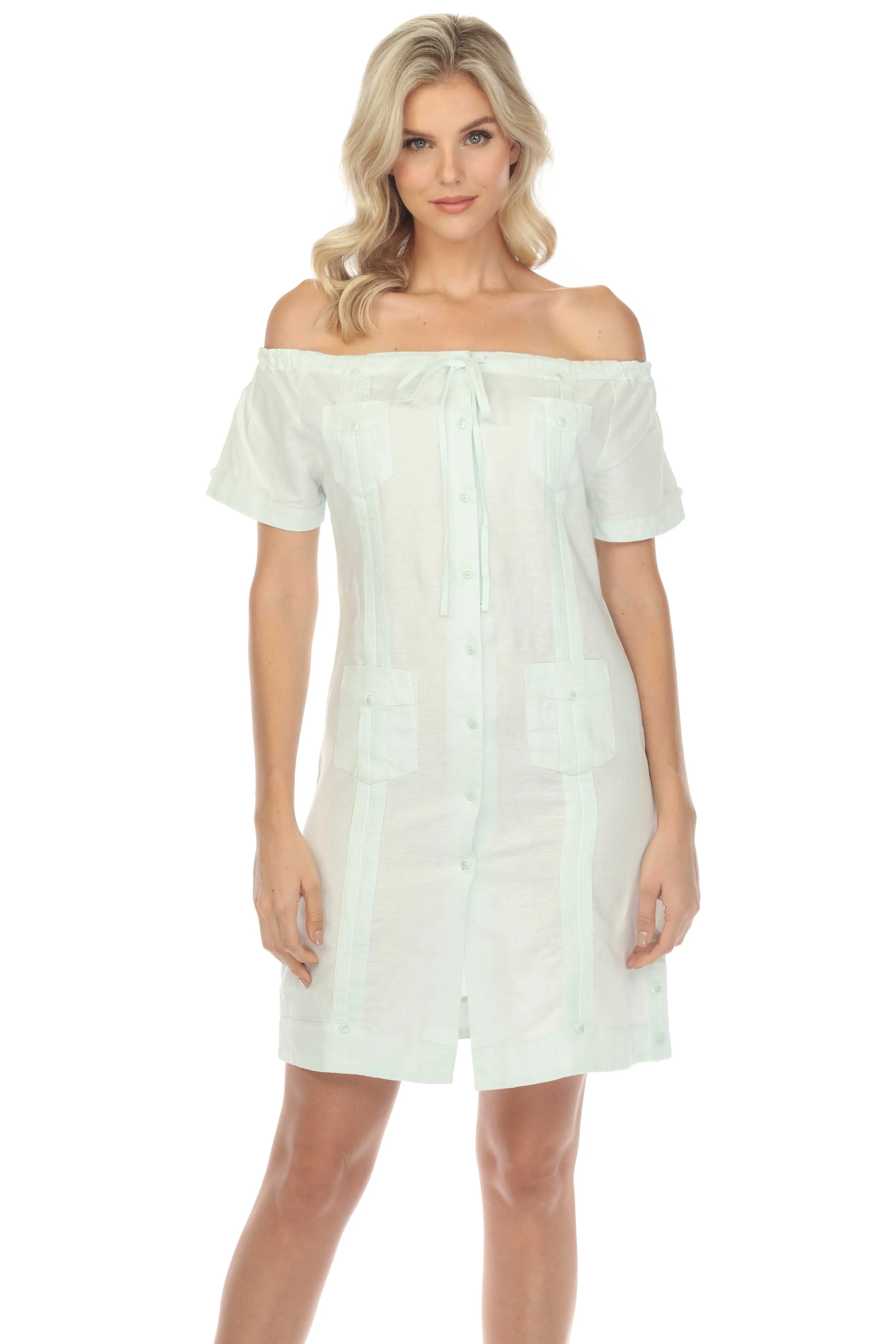 Women's Guayabera Dress Sexy Off Shoulder Linen Blend Button Down sold by Ruumur product image thumbnail 2