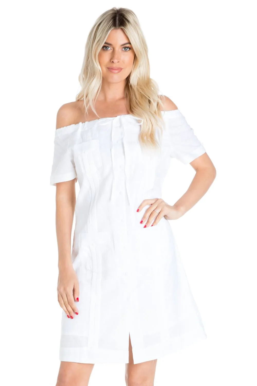 Women's Guayabera Dress Sexy Off Shoulder Linen Blend Button Down sold by Ruumur product image thumbnail 5