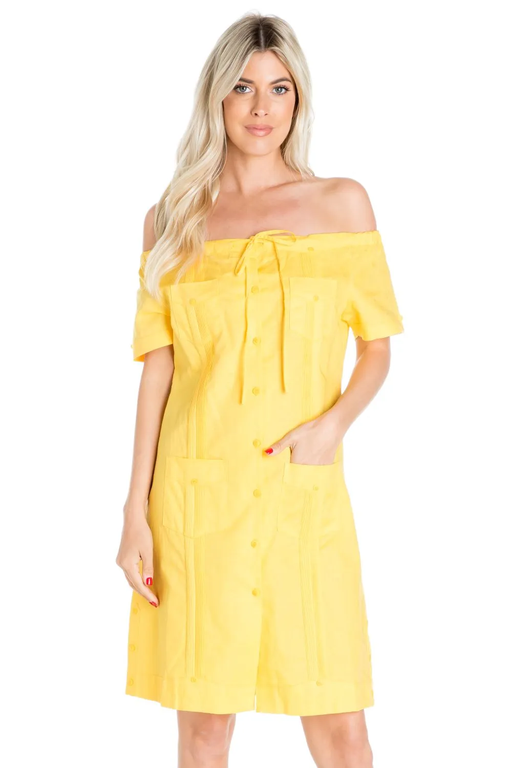 Women's Guayabera Dress Sexy Off Shoulder Linen Blend Button Down sold by Ruumur product image thumbnail 3