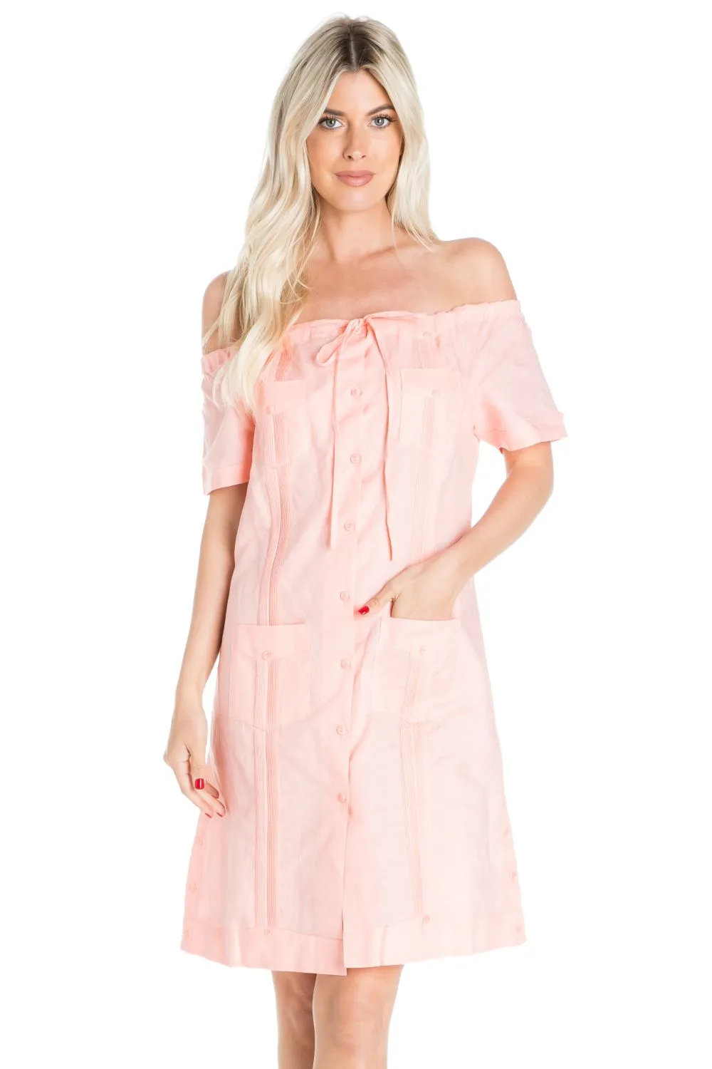 Women's Guayabera Dress Sexy Off Shoulder Linen Blend Button Down sold by Ruumur product image thumbnail 4