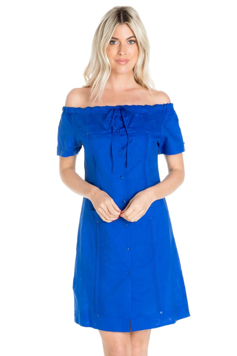 Women's Guayabera Dress Sexy Off Shoulder Linen Blend Button Down sold by Ruumur