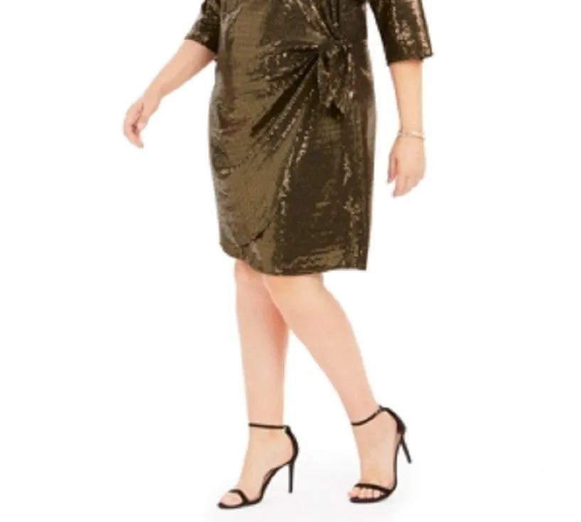 Robbie Bee Women's Sequined Knotted Waist 3/4 Sleeve Jewel Neck Above the Knee Cocktail Fit Flare Dress Gold/Black Size 1X sold by Ruumur product image thumbnail 3