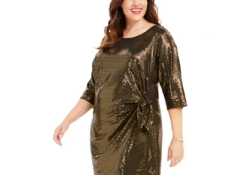 Robbie Bee Women's Sequined Knotted Waist 3/4 Sleeve Jewel Neck Above the Knee Cocktail Fit Flare Dress Gold/Black Size 1X sold by Ruumur product image thumbnail 2