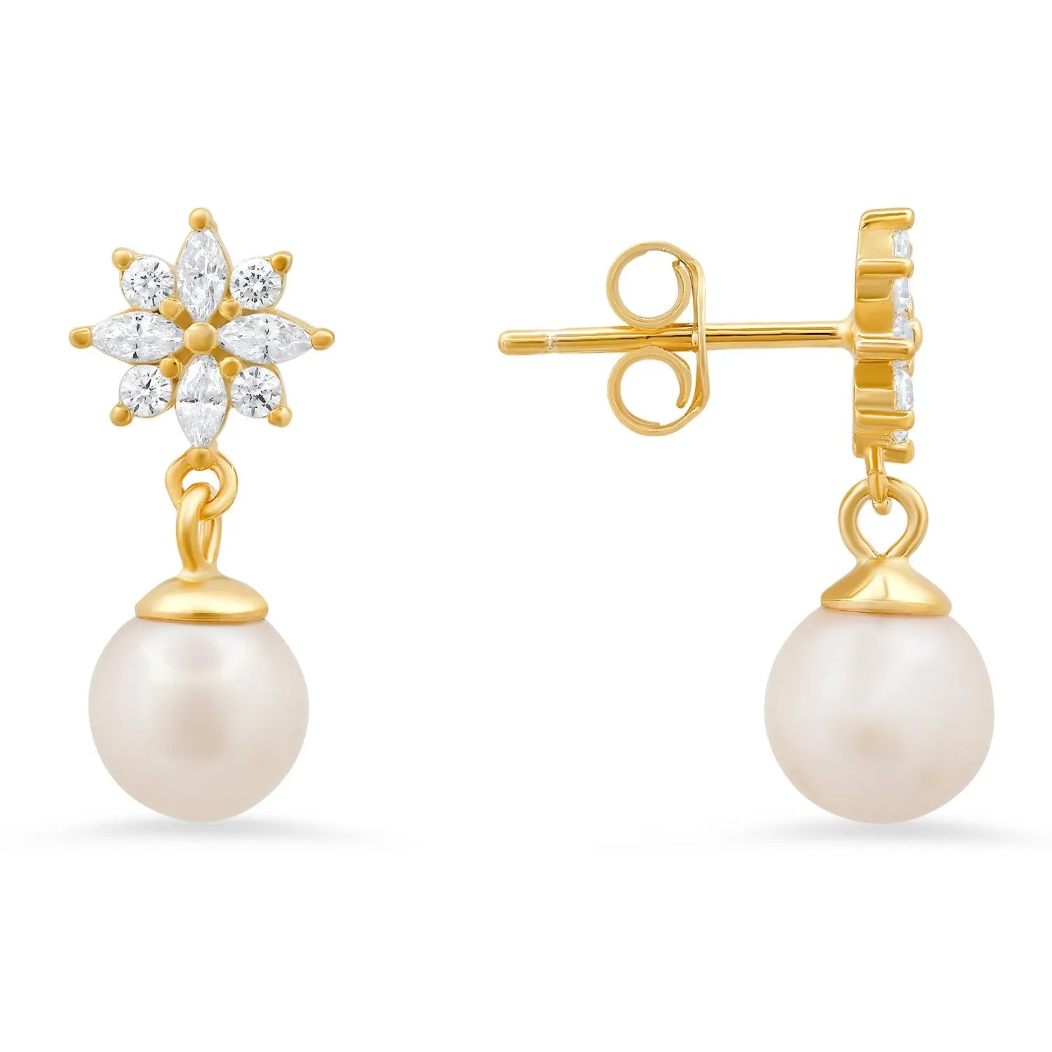 Sterling Silver Dangling Floral CZ & Pearl Stud Earrings sold by Ruumur product image thumbnail 2