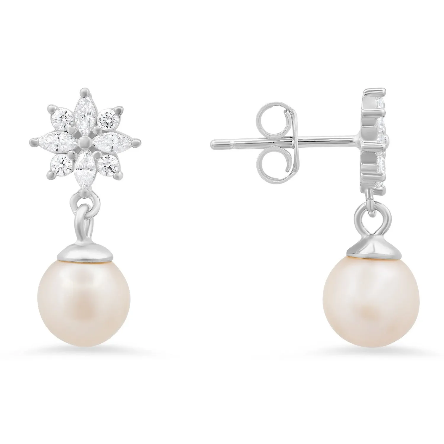 Sterling Silver Dangling Floral CZ & Pearl Stud Earrings sold by Ruumur