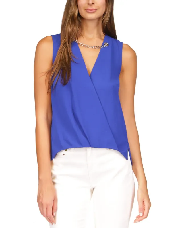 Michael Kors Women's Crepe Chain Faux Wrap Top Blue sold by Ruumur