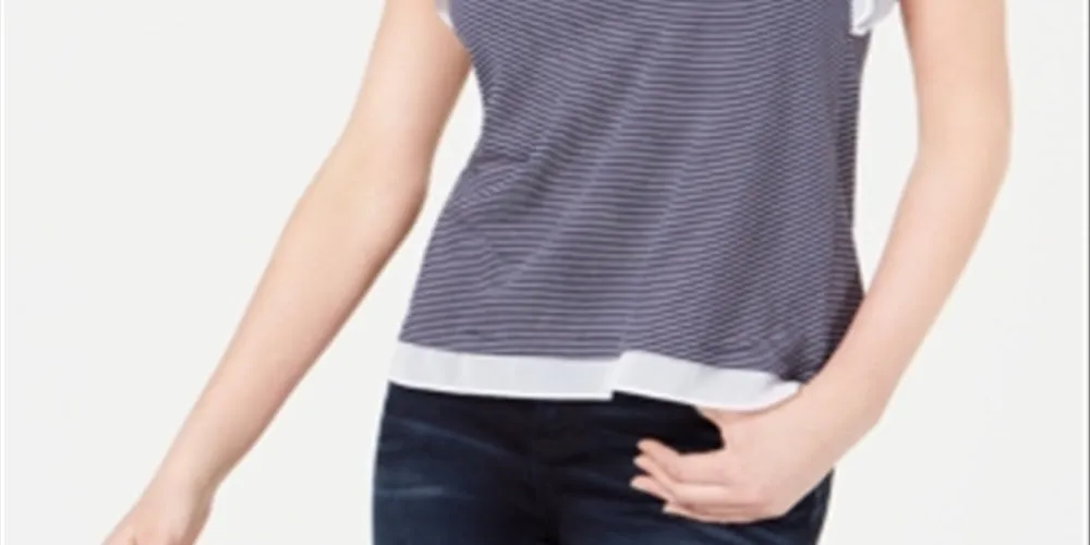 Maison Jules Women's Mesh Trim Ruffled Sleeve Top Blue Size Small sold by Ruumur product image thumbnail 3