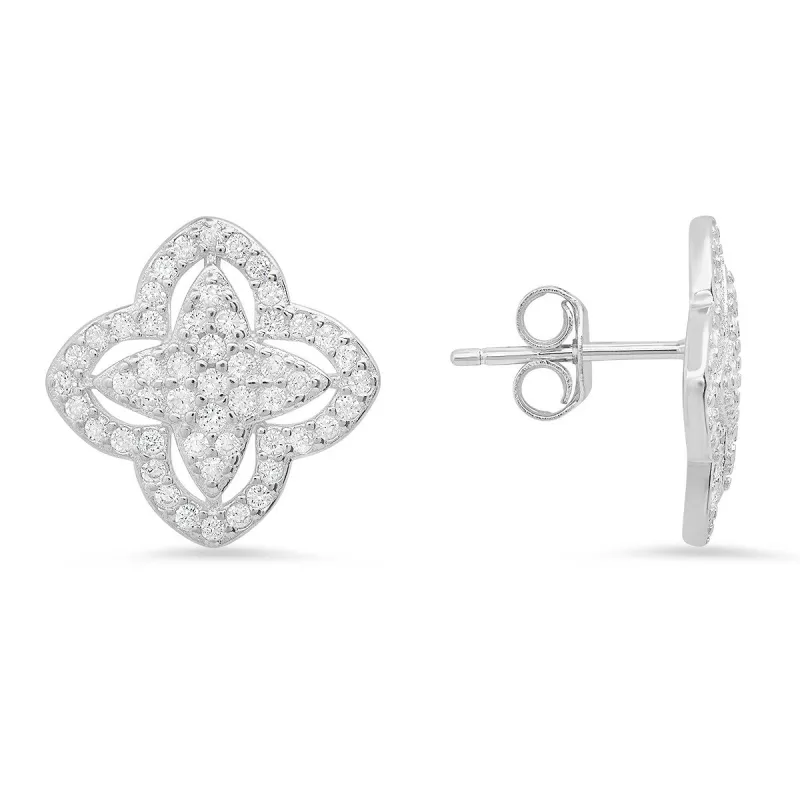 Sterling Silver Pave CZ Floral Stud Earrings sold by Ruumur