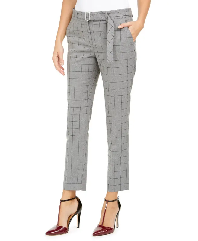 Calvin Klein Women's Windowpane-Print Belted Pants Gray Size 10 sold by Ruumur