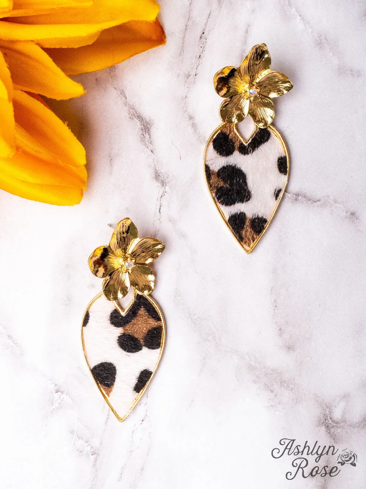 BRIGHTER DAYS GOLD FLOWER WHITE LEOPARD TEARDROP EARRINGS sold by Ruumur