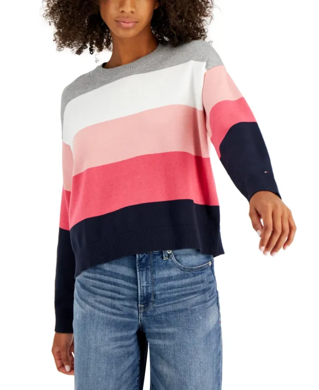 Tommy Hilfiger Women's Stripe Logo Bubble Sweater Pink Size X-Large sold by Ruumur