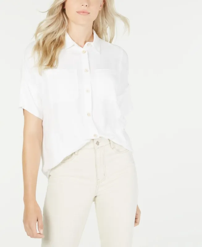 OAT Women's Boxy Button Front Shirt White Size X-Large made by Ruumur