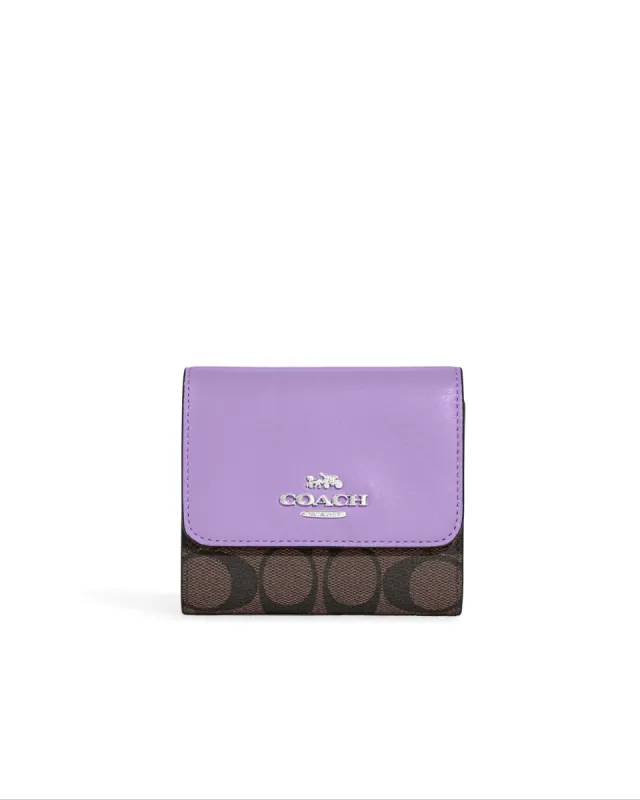 Coach Women's Brown & Iris Small Trifold Wallet In Blocked Signature Canvas sold by Ruumur