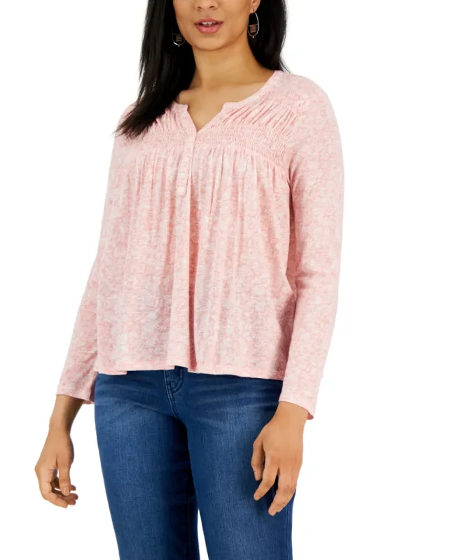 Style & Co Women's Knit Smocked Long Sleeve Top Pink Size Petite Large sold by Ruumur