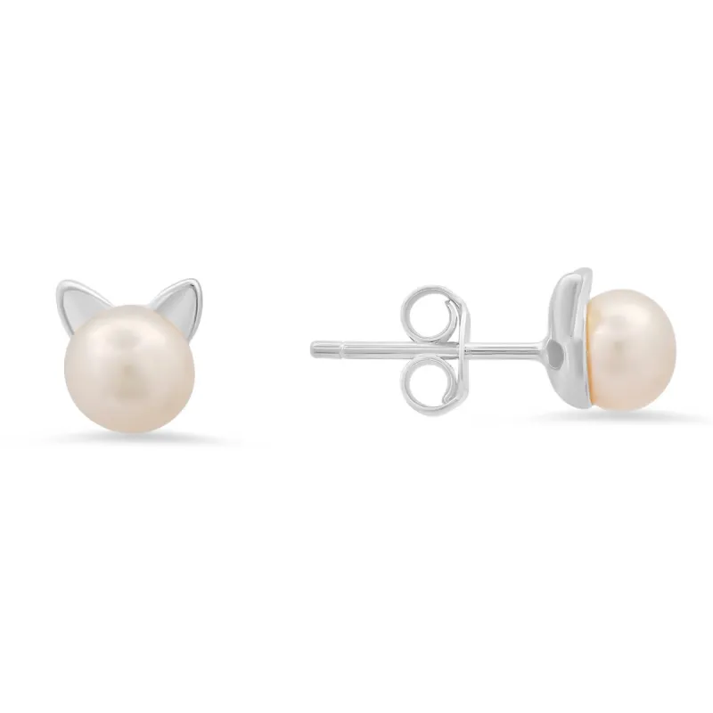 Sterling Silver Kitty Cat Pearl Stud Earrings sold by Ruumur
