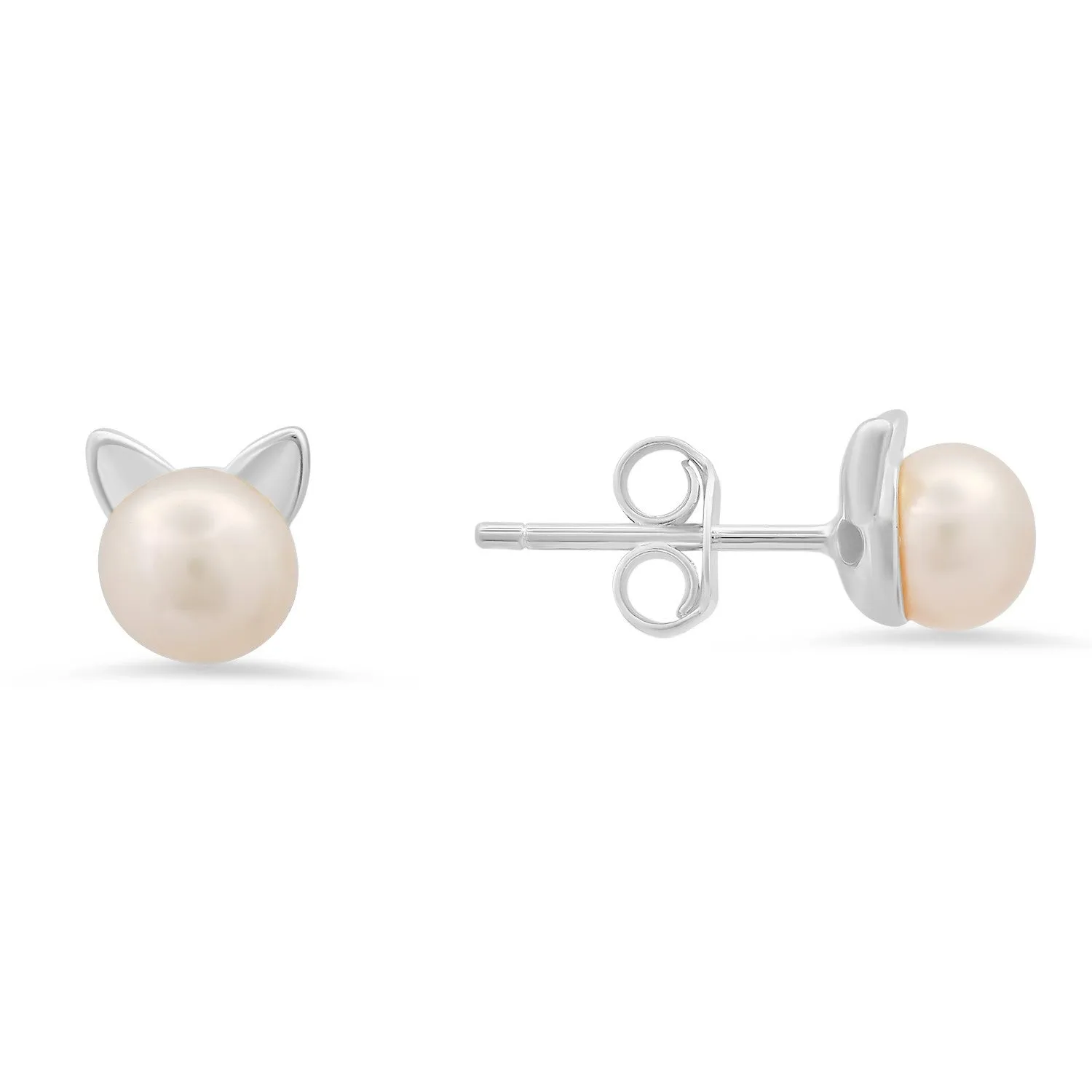 Sterling Silver Kitty Cat Pearl Stud Earrings sold by Ruumur