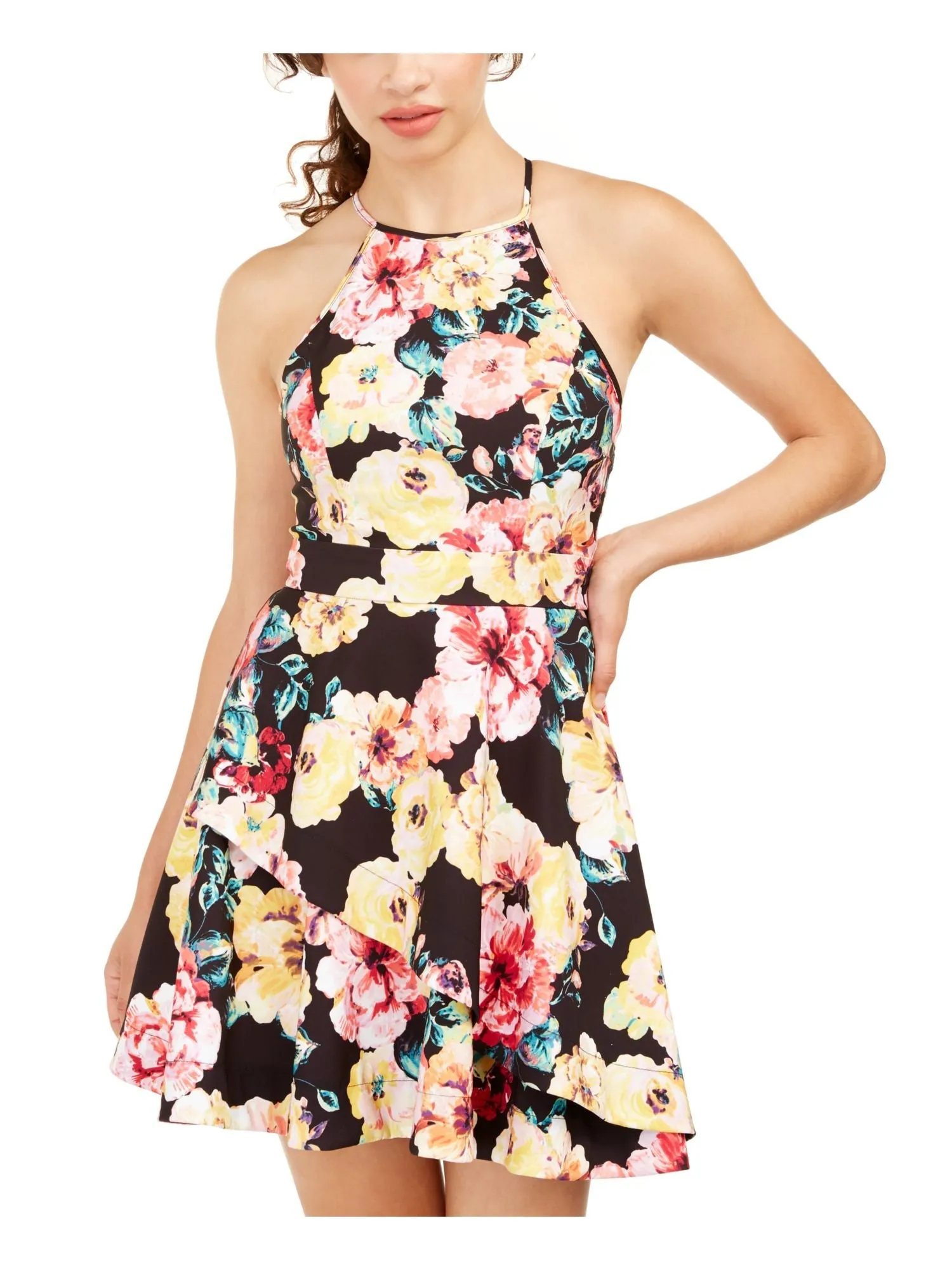 Speechless Women's Yellow Floral Sleeveless Halter Short Fit + Flare Dress Black Size 5 sold by Ruumur