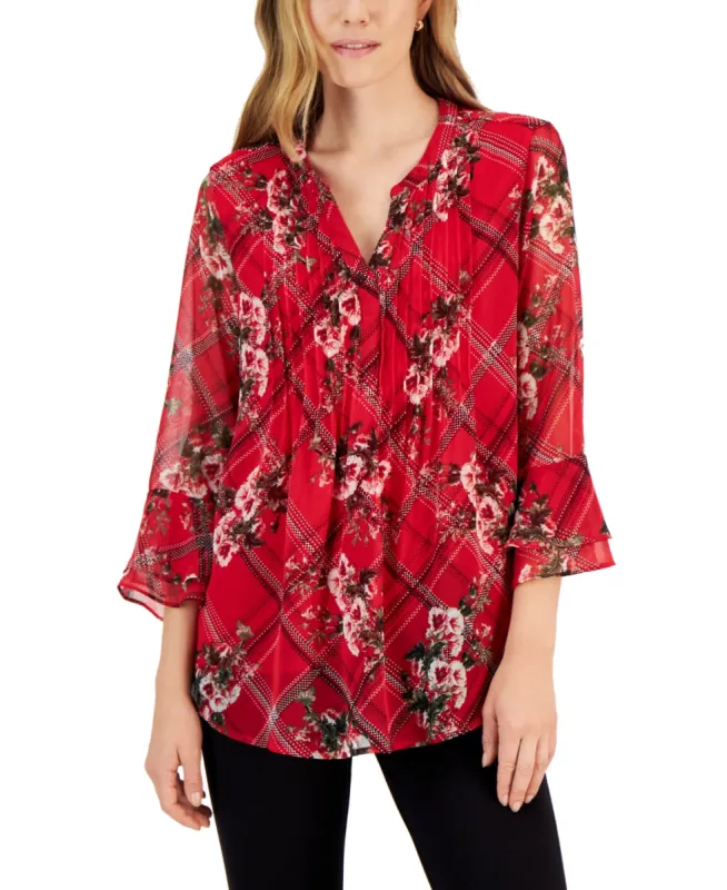 Charter Club Women's Ruffle Sleeve Etching Garden Pintuck Top Red Size XX-Small sold by Ruumur
