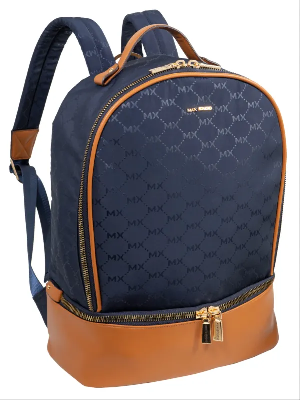 Max Studio Two-Toned Nylon Signature Backpack with Padded Laptop Sleeves & Drop Bottom Shoe Compartment sold by Ruumur