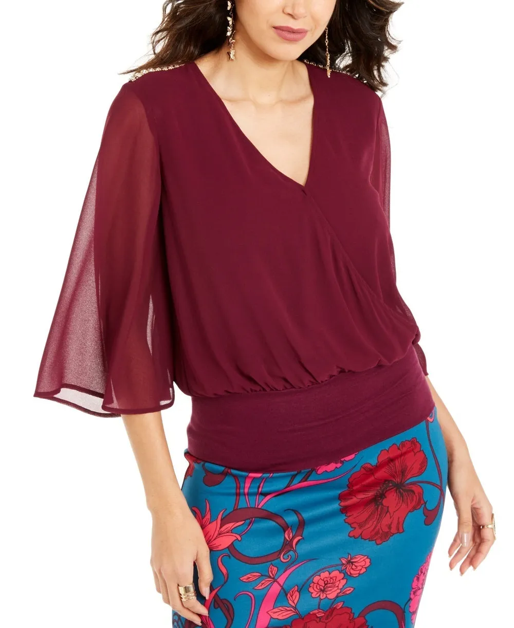 Thalia Sodi Women's Sheer-Sleeve Embellished Top Purple Size Small sold by Ruumur