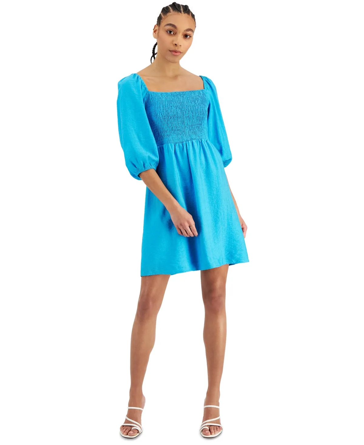 Bar III Women's Puff Sleeve Smocked Dress Blue Size Small sold by Ruumur
