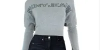 DKNY Women's Ribbed Trim Logo Crop Sweater Gray Size X-Large sold by Ruumur