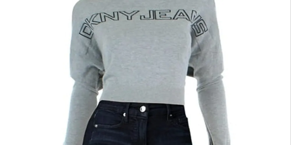 DKNY Women's Ribbed Trim Logo Crop Sweater Gray Size X-Large sold by Ruumur product image thumbnail 4