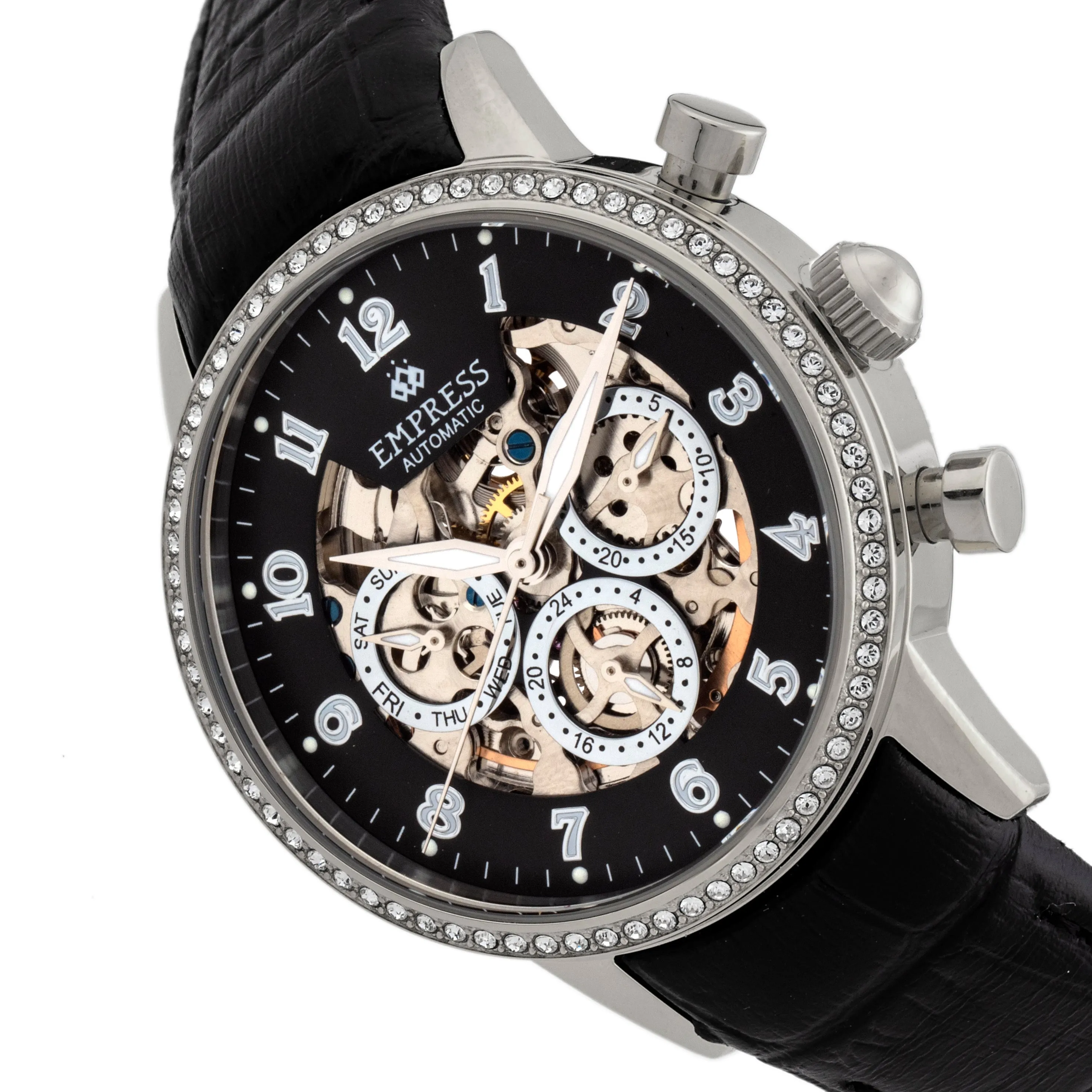 Empress Beatrice Automatic Skeleton Dial Leather-Band Watch w/Day/Date - Silver/Black sold by Ruumur product image thumbnail 3