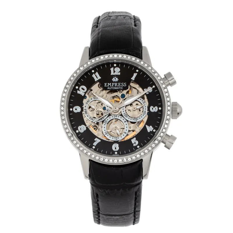 Empress Beatrice Automatic Skeleton Dial Leather-Band Watch w/Day/Date - Silver/Black sold by Ruumur