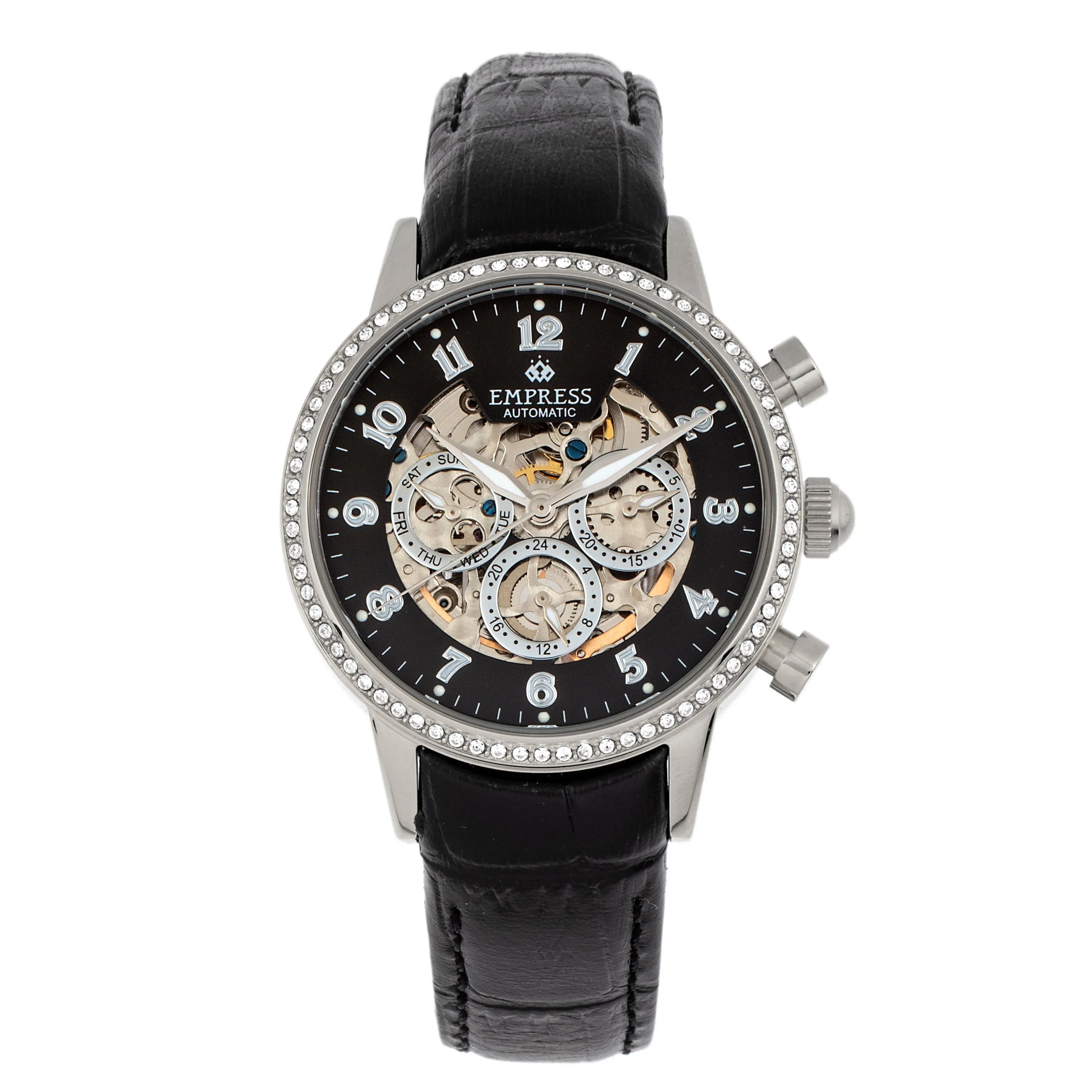 Empress Beatrice Automatic Skeleton Dial Leather-Band Watch w/Day/Date - Silver/Black sold by Ruumur